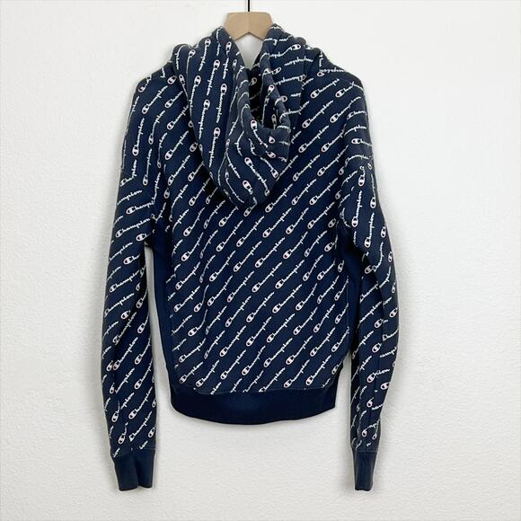 Champion Reverse Weave All Over Print Hoodie Blue White Small - Picture 4 of 12